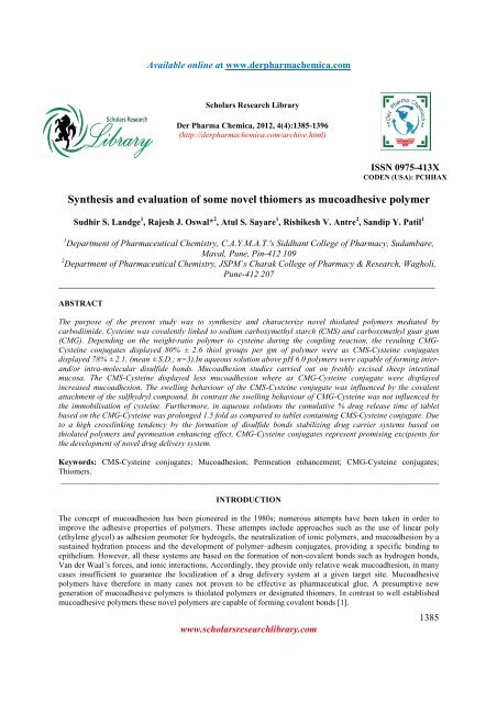 Synthesis and evaluation of some novel thiomers as mucoadhesive ...