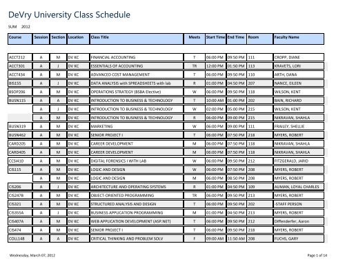 DeVry University Class Schedule