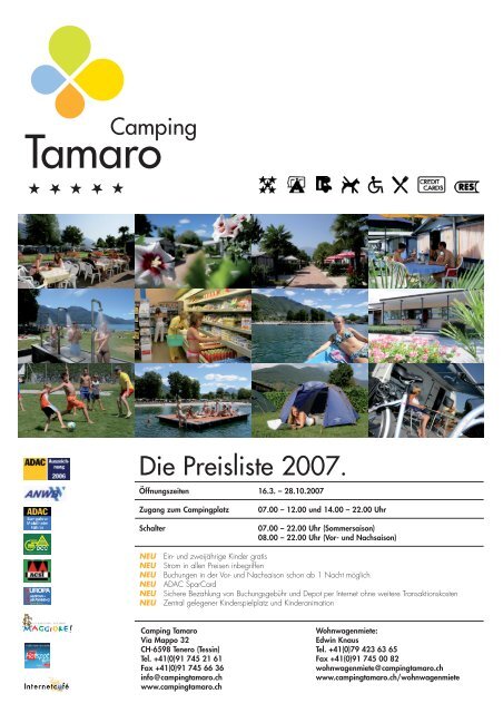 Camping Tamaro - Preisliste fÃ¼r die Saison 2007 - Urlauber-Tipp.de
