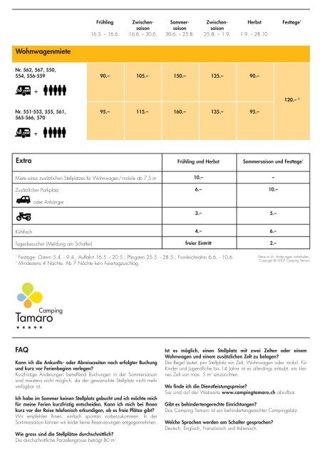 Camping Tamaro - Preisliste fÃ¼r die Saison 2007 - Urlauber-Tipp.de