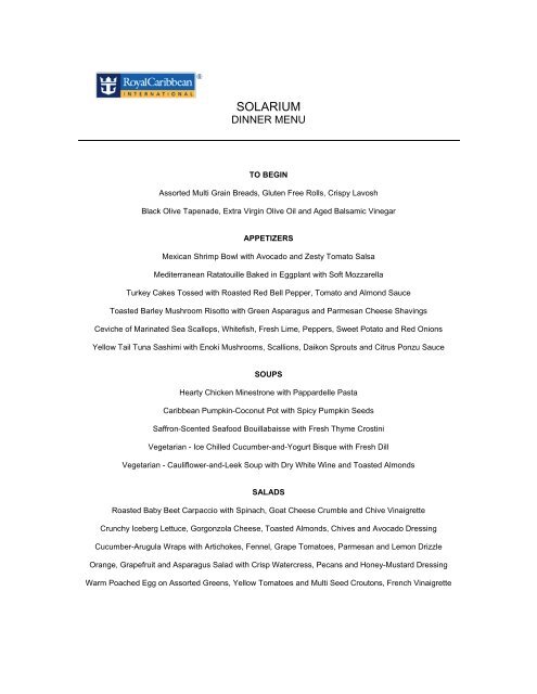 SOLARIUM DINNER MENU - Royal Caribbean International