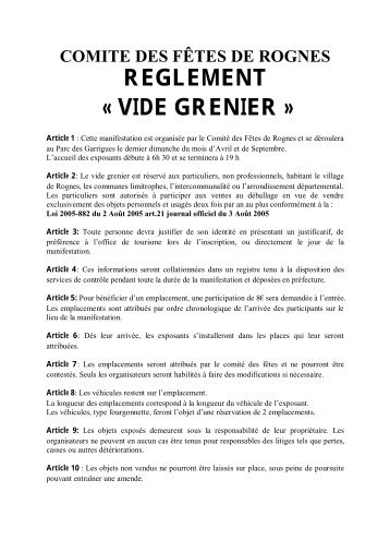 comite des fÃªtes de rognes reglement Â« vide grenier