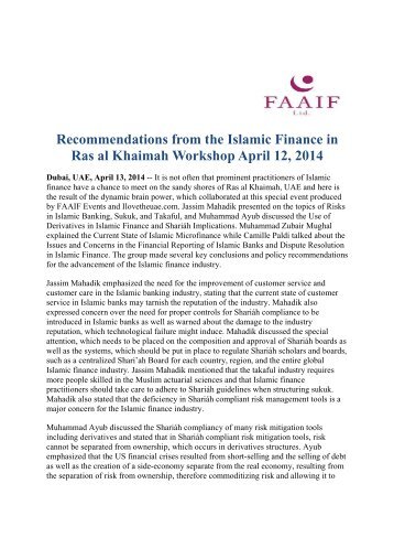 Recommendations from the Islamic Finance in Ras al Khaimah Workshop April 12, 2014