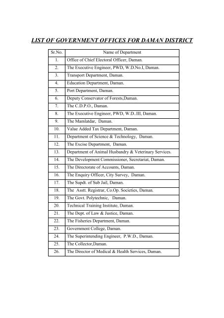 List Of Government Offices For Daman District