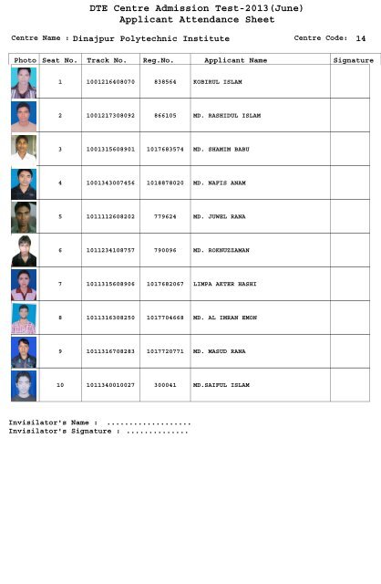 DTE Centre Admission Test-2013(June) Applicant Attendance Sheet