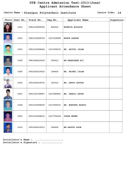 DTE Centre Admission Test-2013(June) Applicant Attendance Sheet