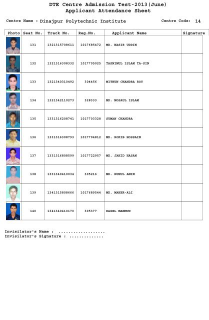 DTE Centre Admission Test-2013(June) Applicant Attendance Sheet