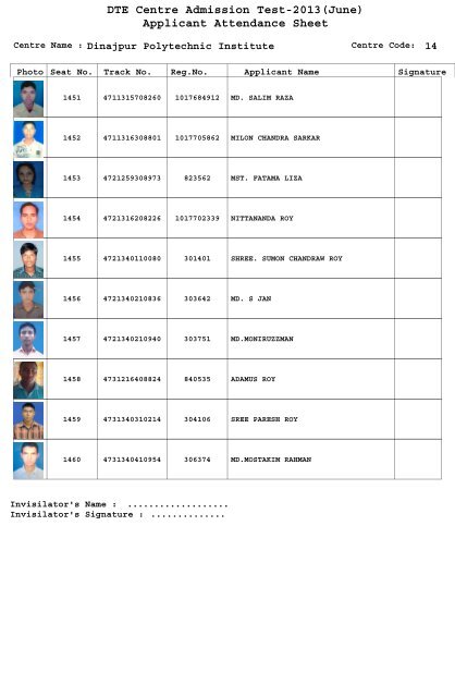 DTE Centre Admission Test-2013(June) Applicant Attendance Sheet