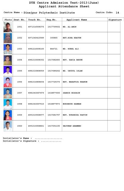 DTE Centre Admission Test-2013(June) Applicant Attendance Sheet