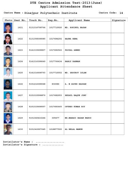 DTE Centre Admission Test-2013(June) Applicant Attendance Sheet