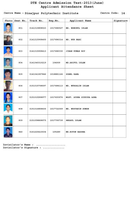 DTE Centre Admission Test-2013(June) Applicant Attendance Sheet