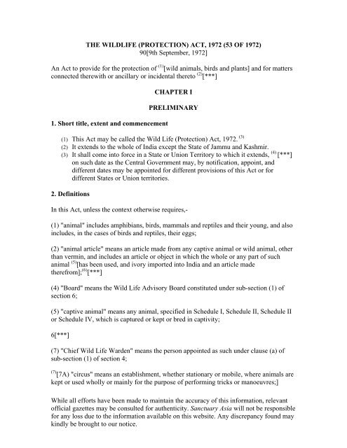 The Wildlife (Protection) Act, 1972 - Daman The Wildlife (Protection) Act, 1972 - Daman