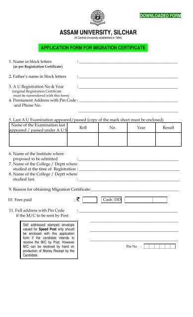 migration certificate form - Assam University