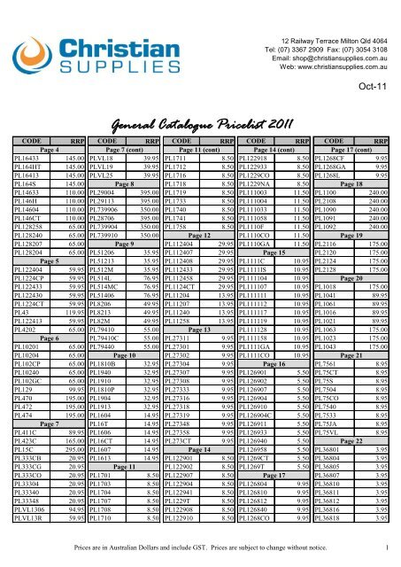 General Catalogue Pricelist 2011 - Christian Supplies