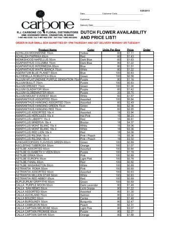 DUTCH FLOWER AVAILABILITY AND PRICE LIST!