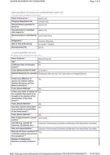 Cessation of Independent Director - Mr Khaw Kheng Joo - SATS