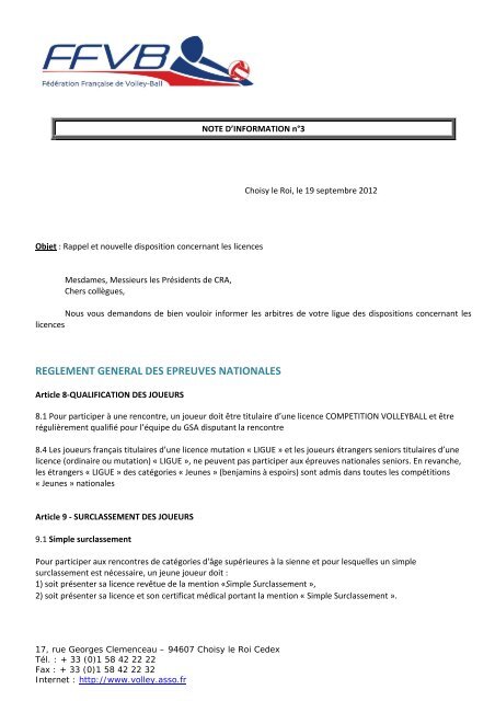 Note d'information 3 - Licences - Extranet FFVB