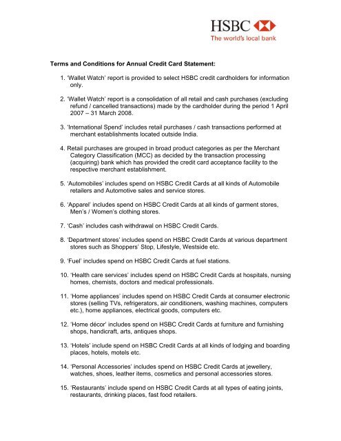 Terms and Conditions for Annual Credit Card Statement: - Hsbc