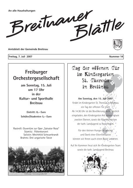 Freiburger Orchestergesellschaft am Sonntag, 15. Juli um ... - Breitnau