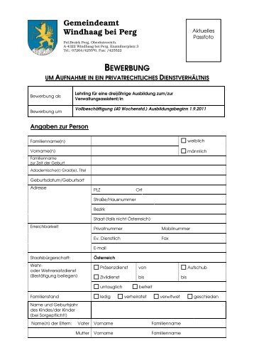 Bewerbungsbogen Lehrling Verwaltungsassistent - Gemeinde ...