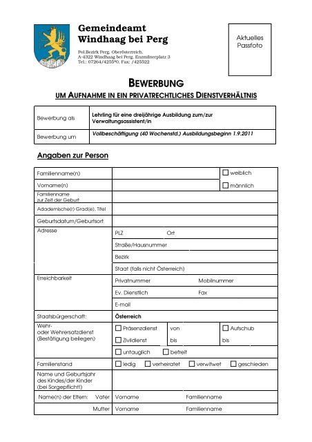 Bewerbungsbogen Lehrling Verwaltungsassistent - Gemeinde ...