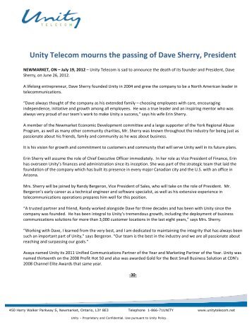 Unity Telecom mourns the passing of Dave Sherry, President