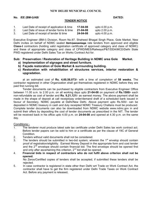TENDER NO In pursuance of the provisions under section 9 and ll
