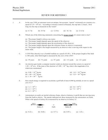 Physics 2020 Summer 2011 Richard Ingebretsen REVIEW FOR ...