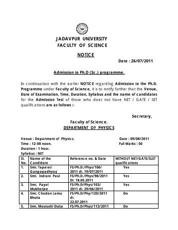 JADAVPUR UNIVERSITY FACULTY OF SCIENCE NOTICE