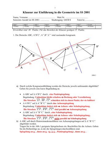 Klausur zur EinfÃ¼hrung in die Geometrie im SS 2001 - WWW-Seiten ...