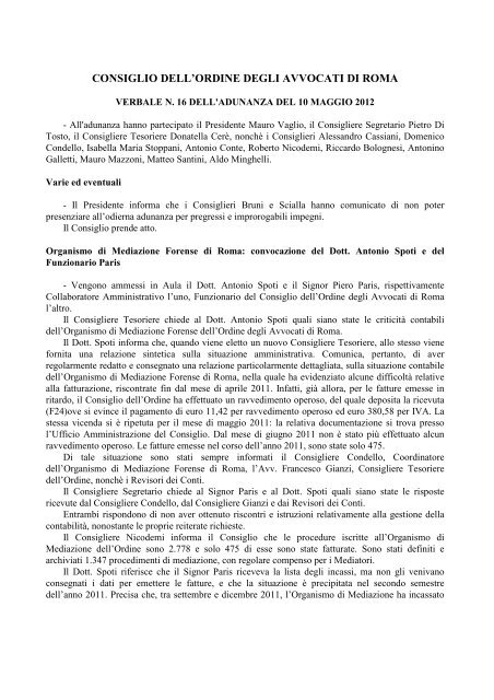 verbale n. 16 del 10 maggio - Ordine degli Avvocati di ROMA