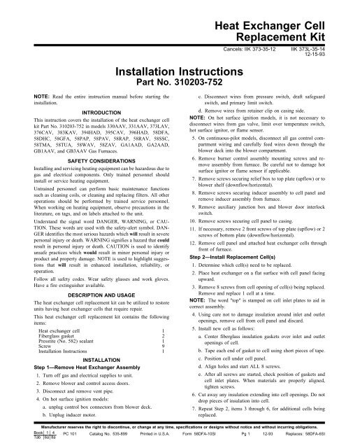 Heat Exchanger Cell Replacement Kit Installation Instructions - Docs ...