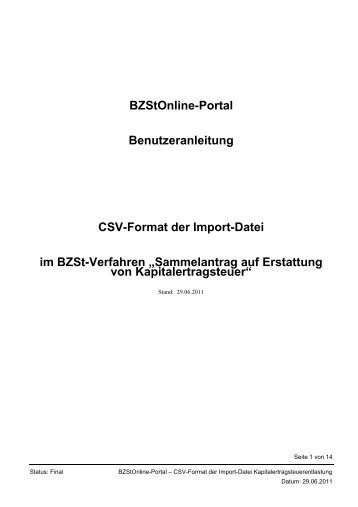 Bzstonline-Portal Benutzeranleitung Csv-Format der Import ... - Elster