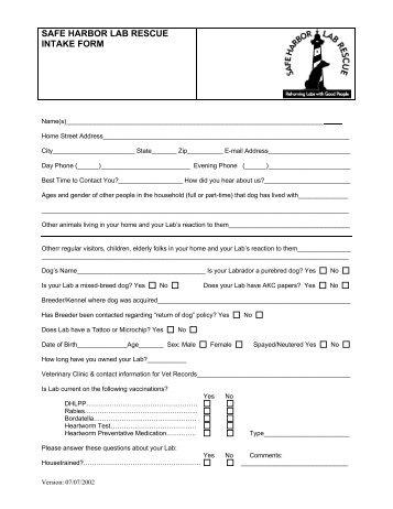 SAFE HARBOR LAB RESCUE INTAKE FORM