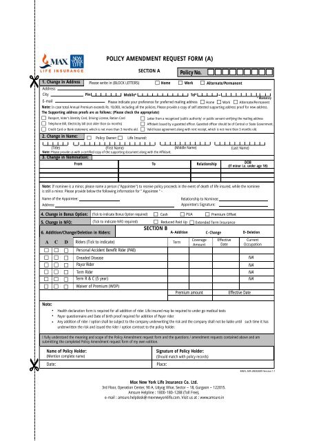 max life insurance policy assignment form