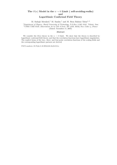 The O(n) Model in the n â 0 Limit ( self-avoiding-walks) and ...