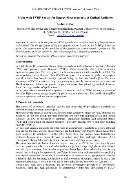 Probe with PVDF Sensor for Energy Measurements of Optical ...