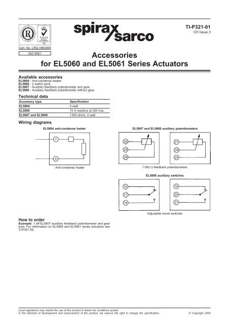 Accessories for EL5060 and EL5061 Series Actuators - Spirax Sarco