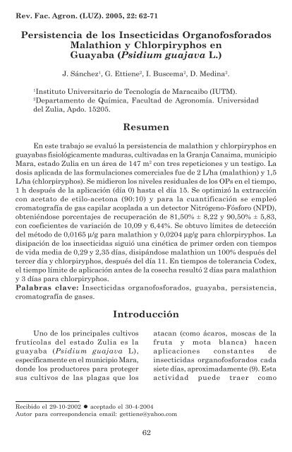 Persistencia de los Insecticidas Organofosforados Malathion y ...