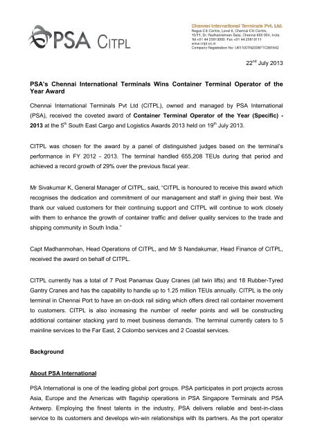 PSA's Chennai International Terminals Wins Container Terminal ...