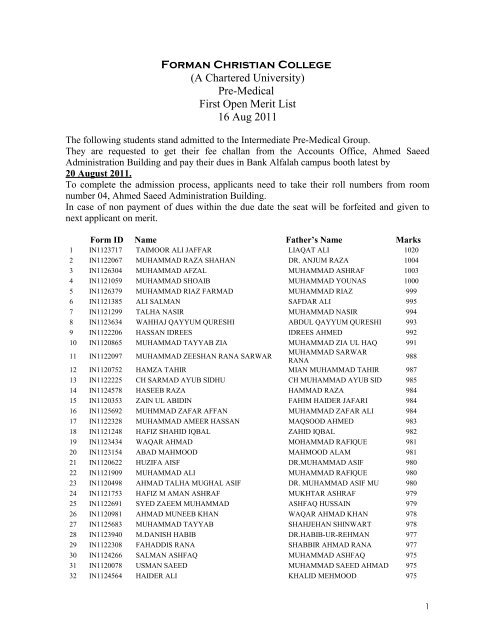 Pre-Medical First Open Merit List 16 Aug 2011 - ilmkidunya