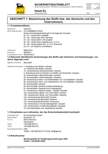 EU-SICHERHEITSDATENBLATT HeizÃ¶l EL ... - Schmierstoffe