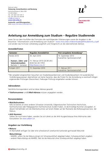 Anmeldeformular zum Studium an der UNI Bern