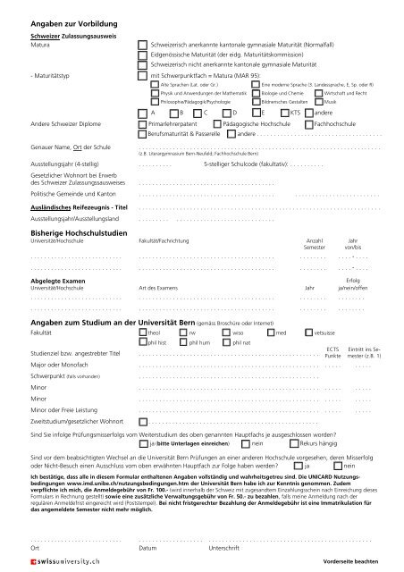 Anmeldeformular zum Studium an der UNI Bern