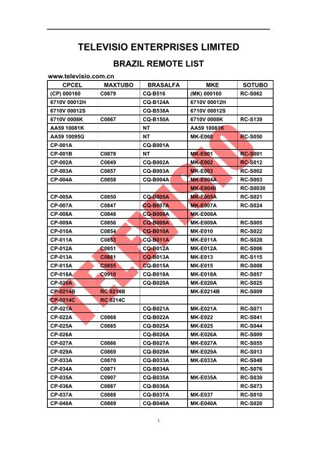 televisio enterprises limited brazil remote list