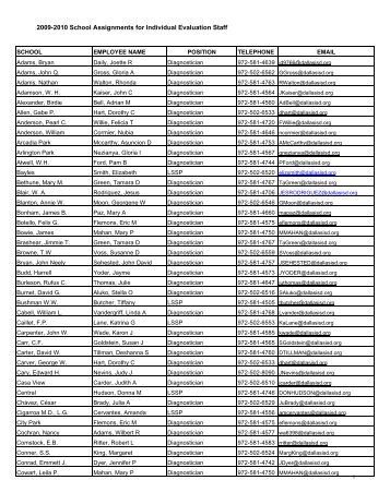 2009-2010 School Assignments for Individual Evaluation Staff