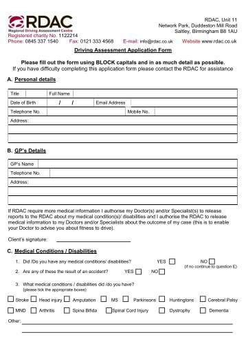 Driving Assessment Application Form Please fill out the - Regional ...