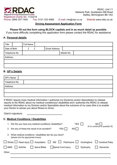 Driving Assessment Application Form Please fill out the - Regional ...