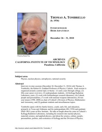 Interview with Thomas A. Tombrello - Caltech Oral Histories