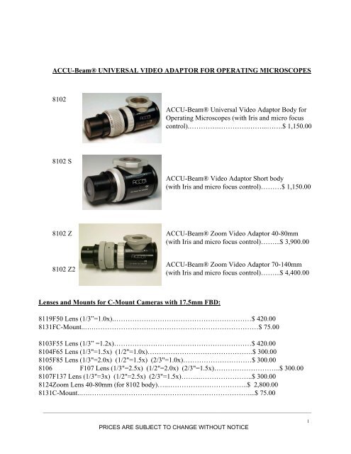 ACCU-BeamÃ‚Â® UNIVERSAL VIDEO ADAPTOR FOR OPERATING ...